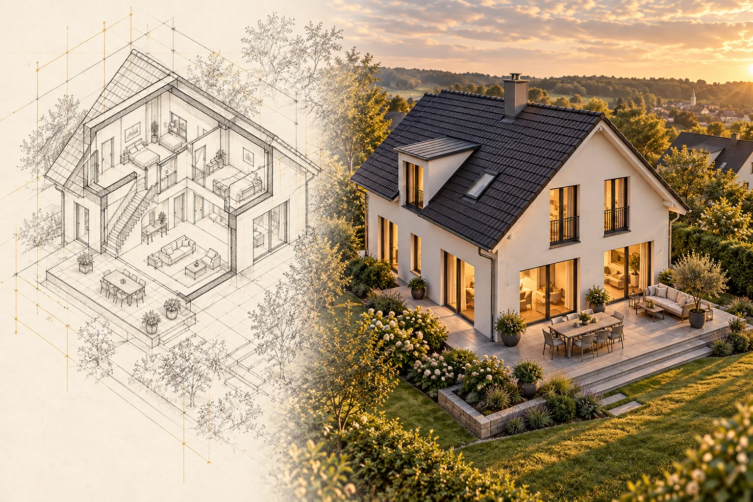 Neue erhöhte Gartenperspektive des Hauses neben einer isometrischen Schnittzeichnung mit sichtbaren Räumen und Treppe