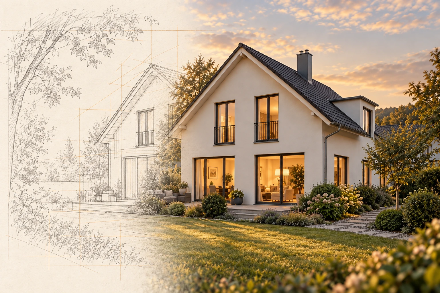 Haus im Abendlicht – Architekturzeichnung geht in eine fotorealistische Darstellung über