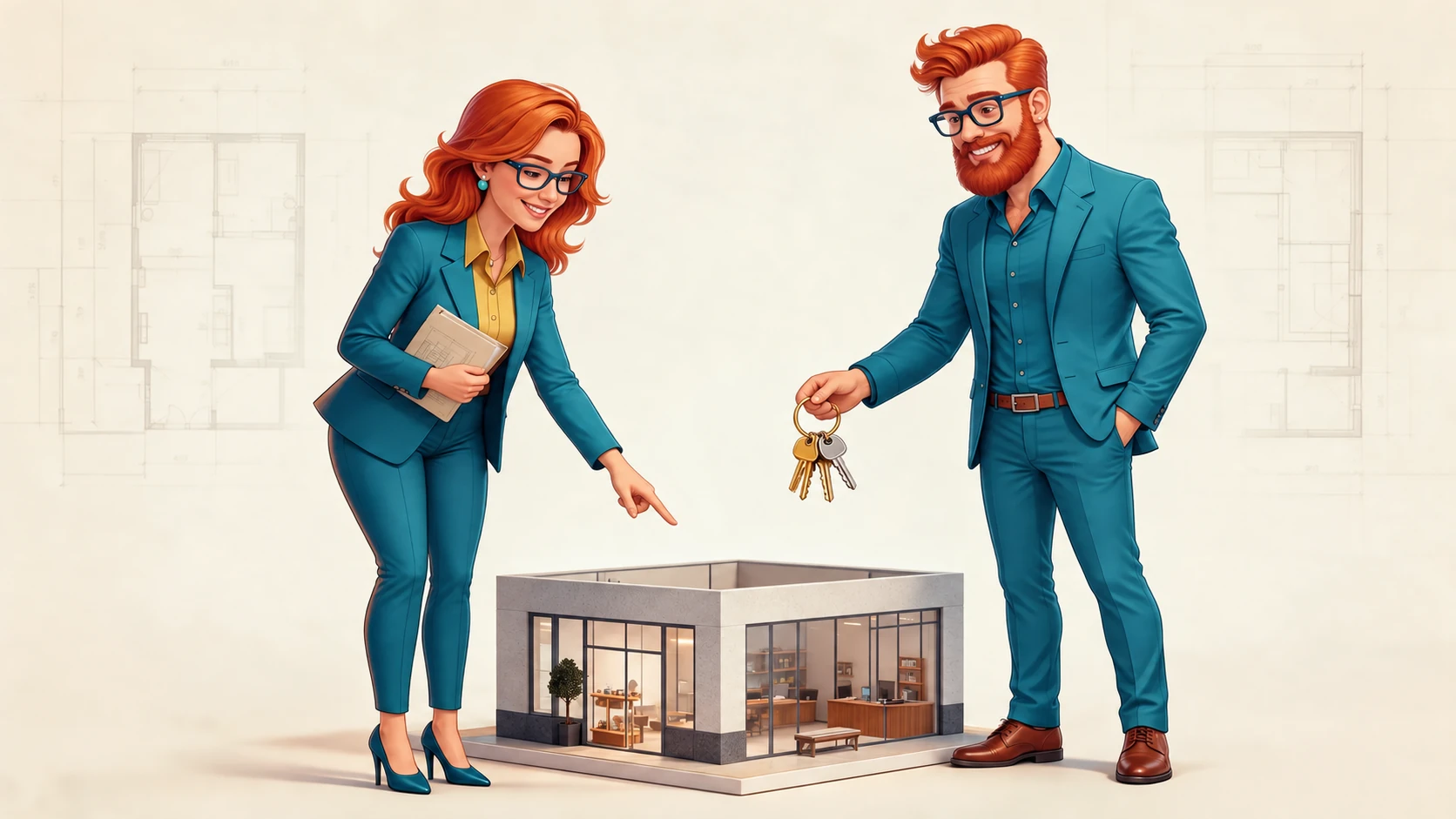 Illustration der beiden Makler-Markenfiguren bei der Besprechung eines Gewerbeobjekts