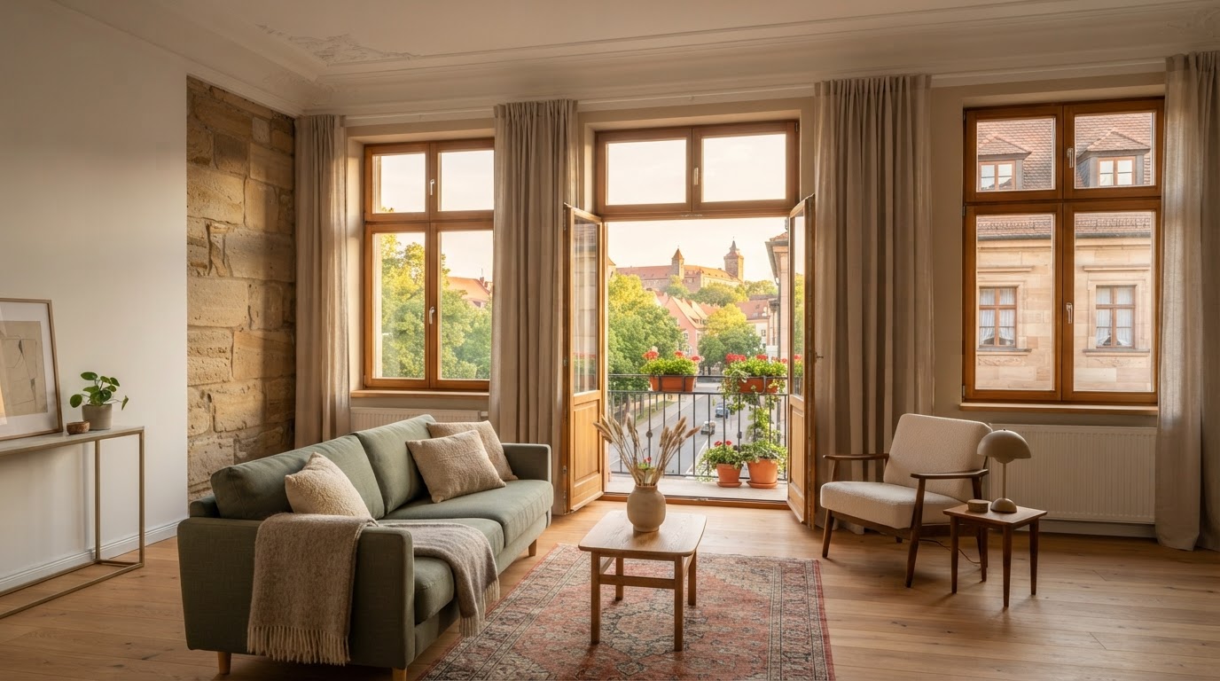 Beispielhafte Wohnraumszene mit Balkon und Blick auf eine fränkische Altstadt